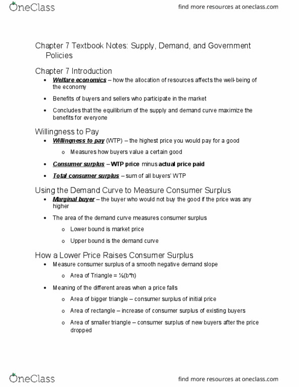 ECON 2304 Chapter Notes - Chapter 7: Economic Surplus, Demand Curve, Economic Equilibrium thumbnail