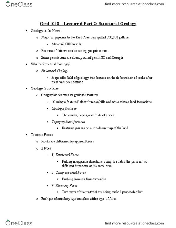 GEOL-1010 Lecture Notes - Lecture 6: Anticline, Pipeline Transport, Syncline thumbnail