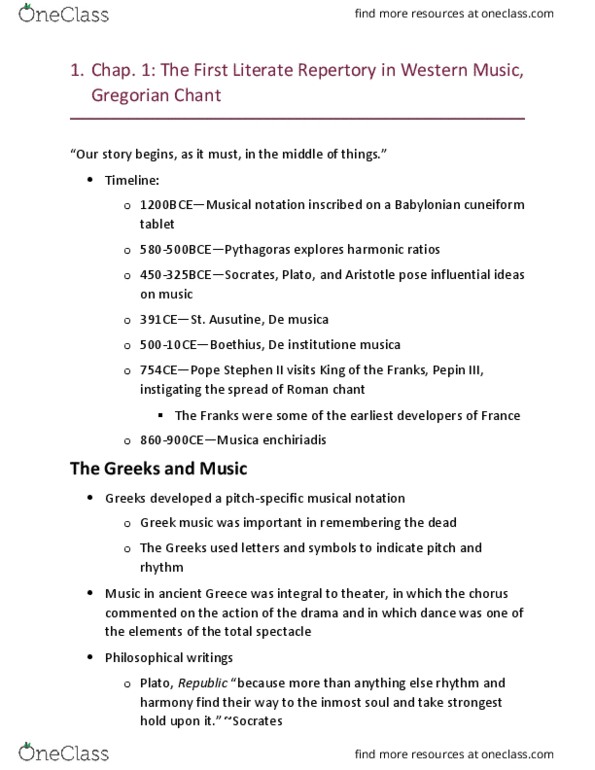 MUSIC 300 Chapter Notes - Chapter 1: Gregorian Chant, Byzantine Music, Roman Rite thumbnail