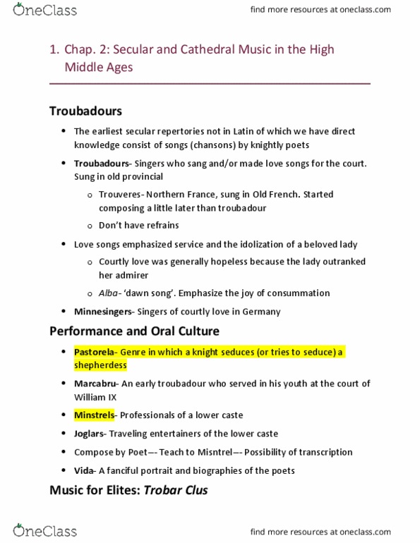 MUSIC 300 Chapter Notes - Chapter 2: Adam De La Halle, Trobar Clus, Trobar Leu thumbnail