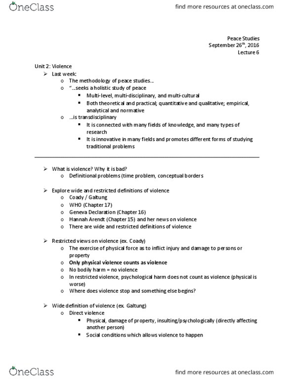 PEACEST 1A03 Lecture Notes - Lecture 6: Peace And Conflict Studies, Structural Violence, Domestic Violence thumbnail