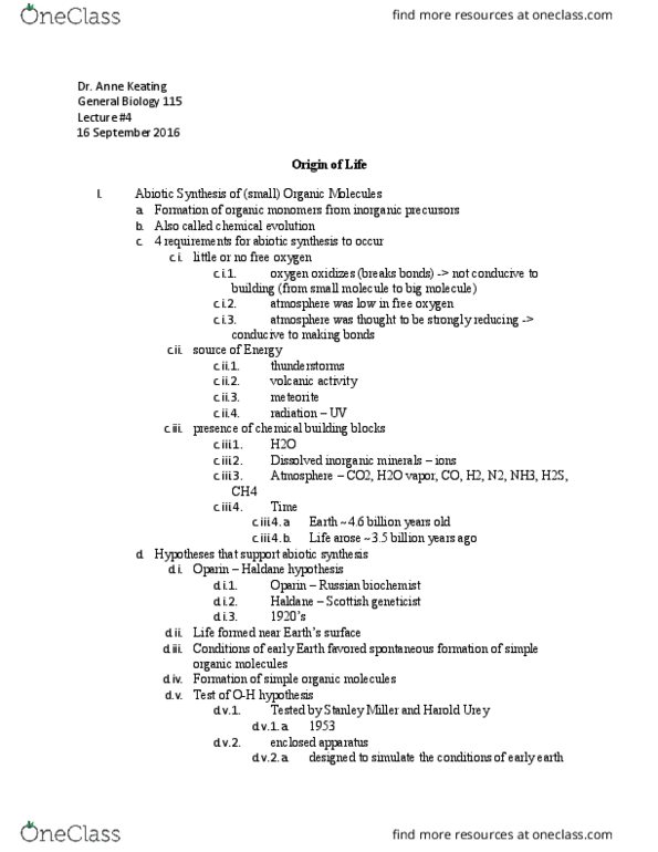 01:119:115 Lecture Notes - Lecture 4: Harold Urey, Protocell, Stanley Miller thumbnail