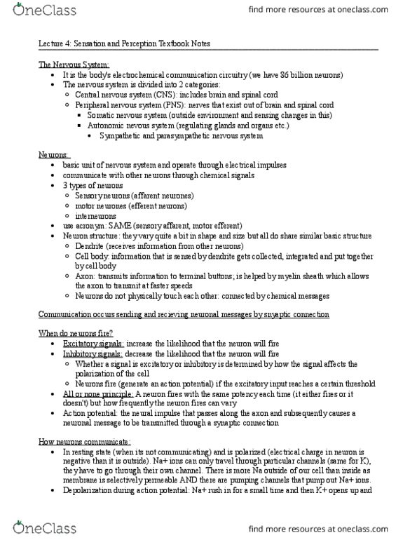 PSY100H1 Chapter Notes - Chapter 4 (4.1, 4.2, 4.4): Central Nervous System, Autonomic Nervous System, Parasympathetic Nervous System thumbnail