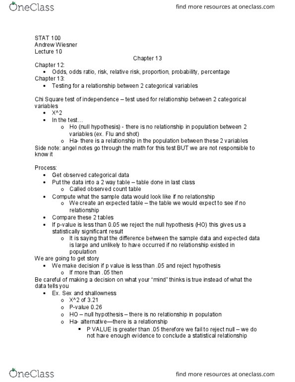 STAT 100 Lecture Notes - Lecture 10: Null Hypothesis, Odds Ratio, Categorical Variable thumbnail