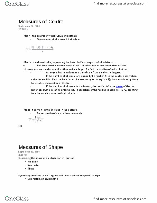 Statistical Sciences 2244A/B Lecture Notes - Lecture 3: Standard Deviation, Percentile, Unimodality thumbnail