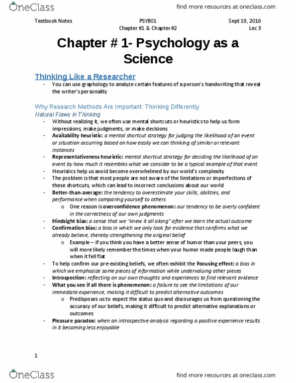 PSYB01H3 Chapter Notes - Chapter 1-2: Belief Perseverance, Confirmation Bias, Cheese Sandwich thumbnail