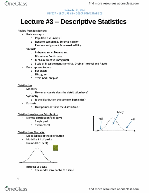 PSYB07H3 Lecture Notes - Lecture 3: Kurtosis, Bar Chart, Skewness thumbnail