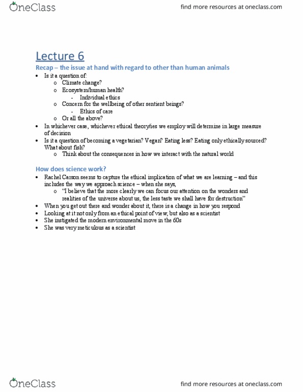ENV100H1 Lecture Notes - Lecture 6: Jacob Bronowski, Rachel Carson, Environmental Ethics thumbnail