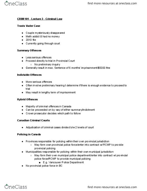 CRIM 101 Lecture Notes - Lecture 3: Actus Reus, Summary Offence, Mens Rea thumbnail