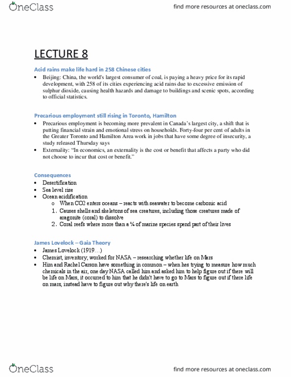 ENV100H1 Lecture Notes - Lecture 8: James Lovelock, Ocean Acidification, Rachel Carson thumbnail
