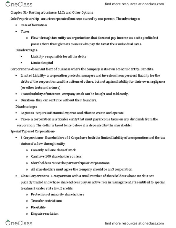 LEGL 226 Chapter Notes - Chapter 31: Limited Liability Partnership, Sole Proprietorship, S Corporation thumbnail