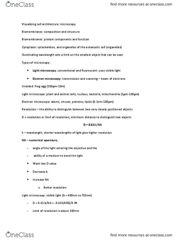 BIOLOGY 2B03 Lecture Notes - Lecture 4: Transmission Electron Microscopy, Scanning Electron Microscope, Optical Microscope thumbnail