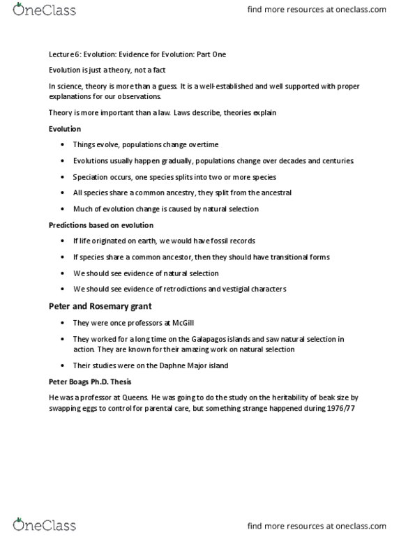 BIOA01H3 Lecture Notes - Lecture 6: Medium Ground Finch, Geospiza, Daphne Major thumbnail