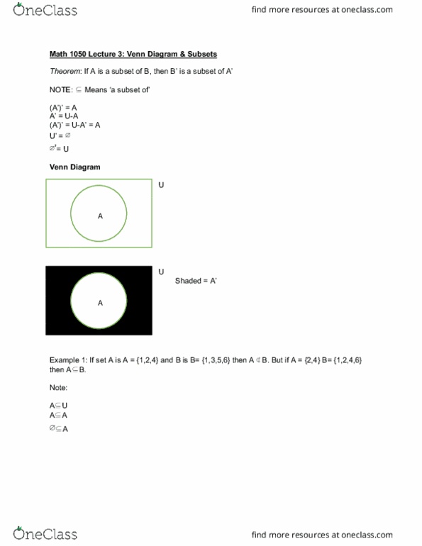 MATH 1050 Lecture Notes - Lecture 3: Venn Diagram, Subset thumbnail