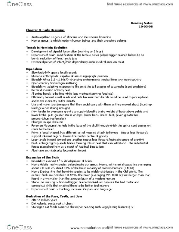 ANT100Y1 Lecture : Biology-Lecture 4 Chapter 8-Early Hominins Oct 3 2008 thumbnail