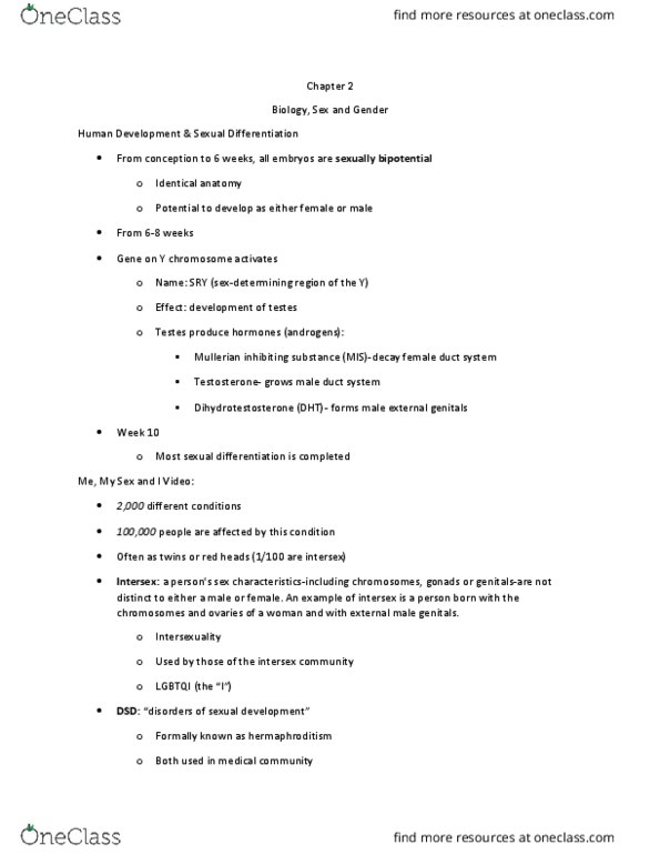 PSY 242 Lecture Notes - Lecture 2: Xyy Syndrome, Congenital Adrenal Hyperplasia, Hermaphrodite thumbnail