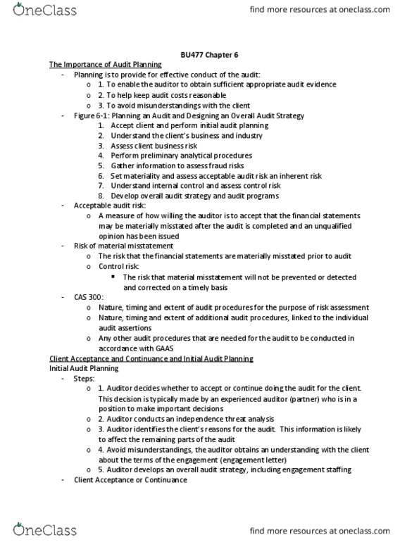 BU477 Chapter Notes - Chapter 6: Audit Risk, Human Capital, Engagement Letter thumbnail