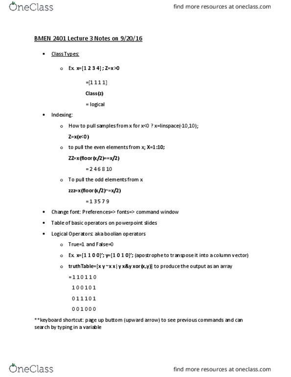 BMEN 2401 Lecture Notes - Lecture 3: Keyboard Shortcut, Row And Column Vectors, Exclusive Or thumbnail