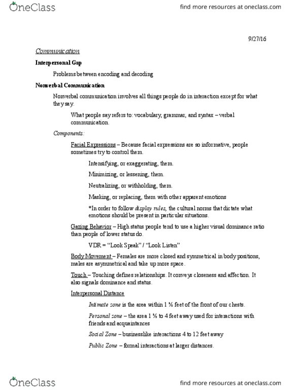 PSYC 334 Lecture Notes - Lecture 7: Paralanguage, Nonverbal Communication thumbnail