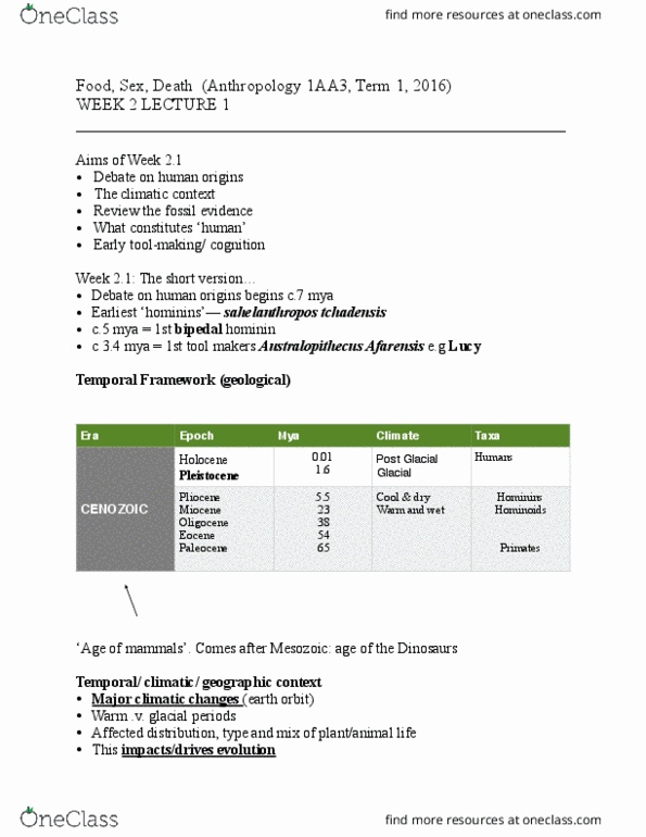 ANTHROP 1AA3 Lecture Notes - Lecture 1: Kenyapithecus, Hominini, Bipedalism thumbnail