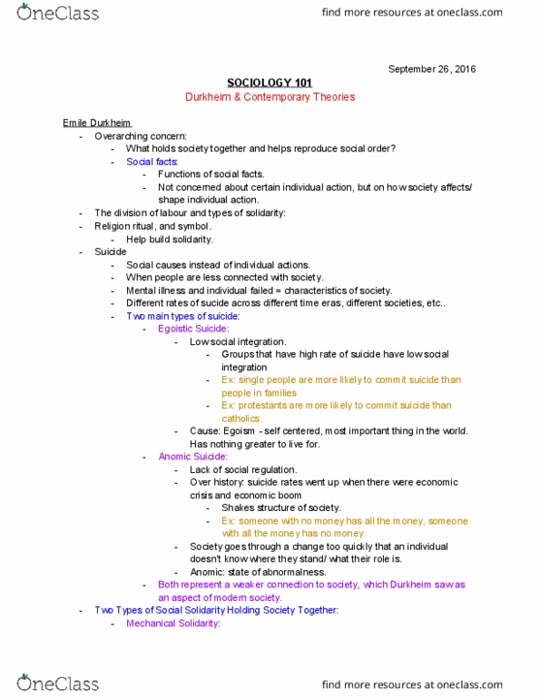 SOCI 101 Lecture Notes - Lecture 7: Social Fact, Egotism, Structural Functionalism thumbnail