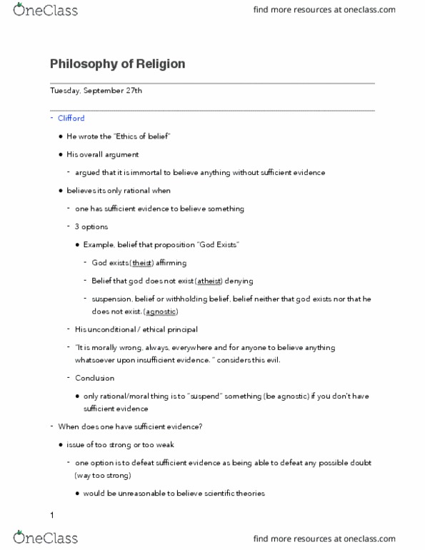 PHL-206 Lecture Notes - Lecture 8: Agnosticism, Consistency, Theism thumbnail