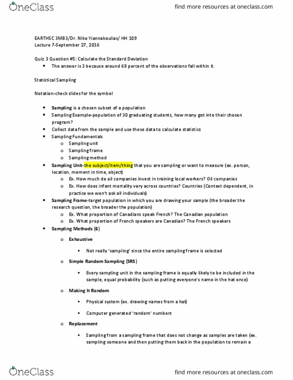 EARTHSC 3MB3 Lecture Notes - Lecture 7: Stratified Sampling, Sampling Frame, Infant Mortality thumbnail