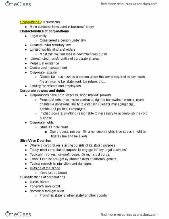 ACC 205 Lecture Notes - Lecture 9: Derivative Suit, Business Judgment Rule, Preferred Stock thumbnail