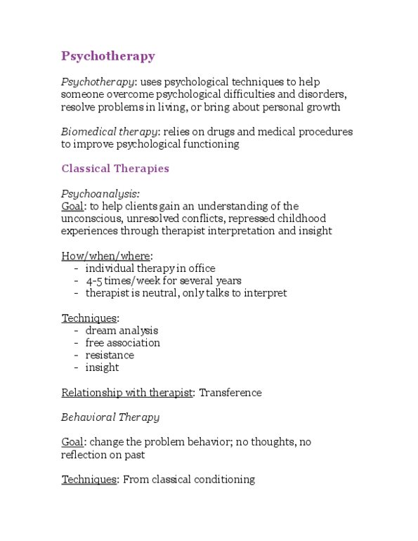 PSYCH 100 Lecture Notes - Cognitive Behavioral Therapy, Psychodynamic Psychotherapy, Aversion Therapy thumbnail