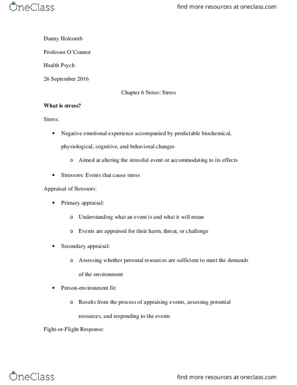 PSY 383 Chapter Notes - Chapter 6: Absenteeism, Catecholamine, Role Conflict thumbnail