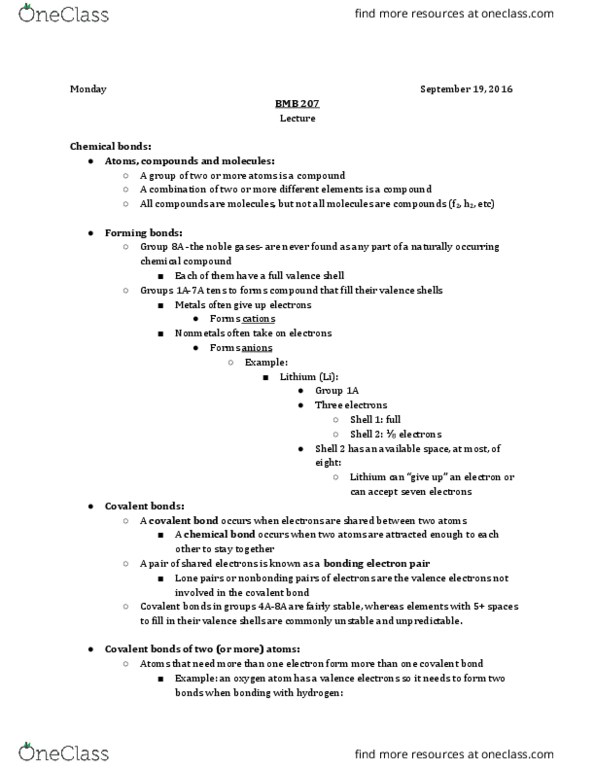 BMB 207 Lecture Notes - Lecture 10: Lewis Structure, Covalent Bond, Octet Rule thumbnail