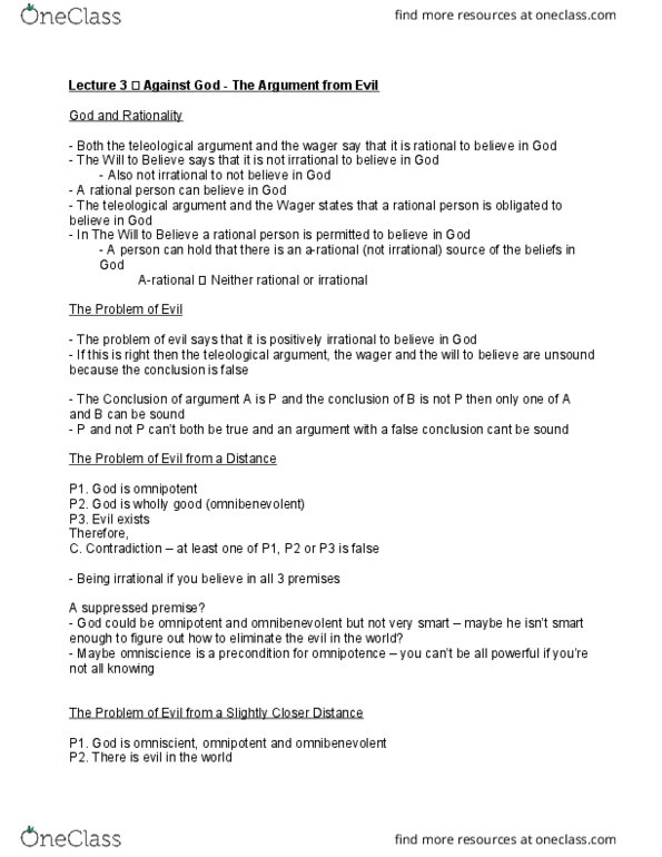 PHL201H1 Lecture Notes - Lecture 3: False Dilemma, Reductio Ad Absurdum, Omnibenevolence thumbnail