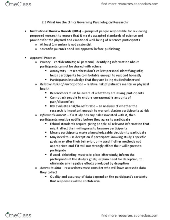 U09 Psych 100 Chapter Notes - Chapter 2.3: Institutional Animal Care And Use Committee, Institutional Review Board, Relative Risk thumbnail