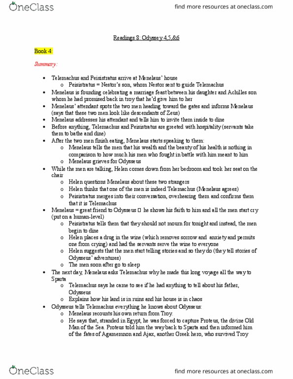 CLASSICS 1B03 Chapter Notes - Chapter Odyssey 4,5&6: Seventeen Days, Trojan War, Scheria thumbnail