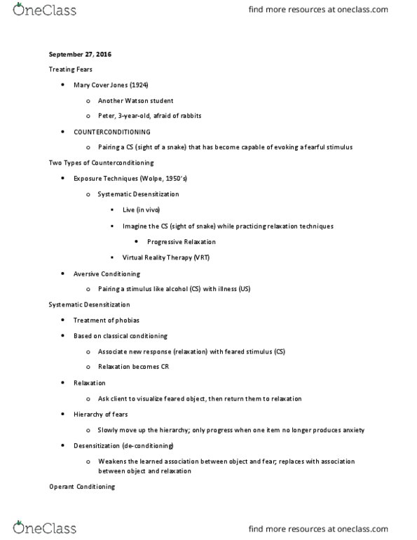 PY - Psychology PY 100S Lecture Notes - Lecture 10: Observational Learning, Learned Helplessness, Mary Cover Jones thumbnail