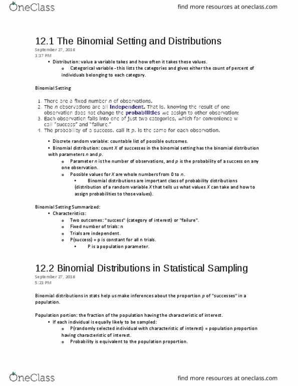 Statistical Sciences 2244A/B Lecture Notes - Lecture 5: Statistical Parameter, Random Variable, Binomial Distribution thumbnail