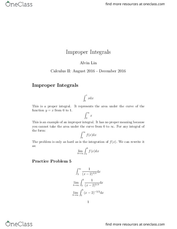 MATH 182A Lecture Notes - Lecture 7: 4Dx, Improper Integral, 32X thumbnail