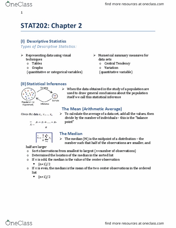 STAT202 Lecture Notes - Lecture 1: Quartile, Interquartile Range, Statistical Inference thumbnail