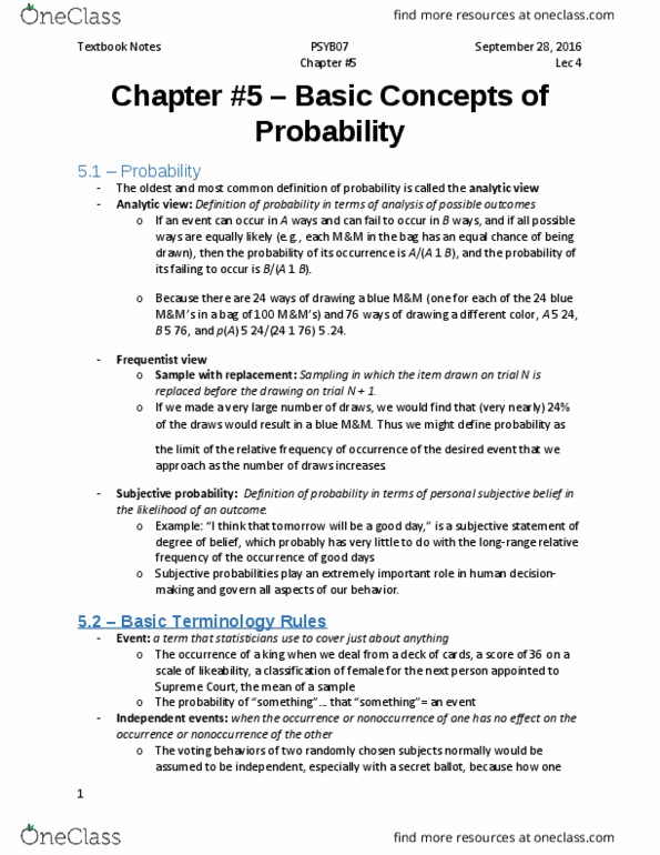 PSYB07H3 Chapter 5: Chapter #5 - Probability (Lec 4) thumbnail