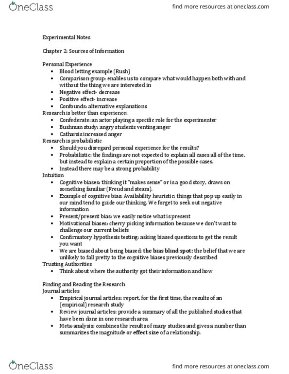 PSYC 150 Chapter 2,3,4,5,9,10: Experimental Notes thumbnail