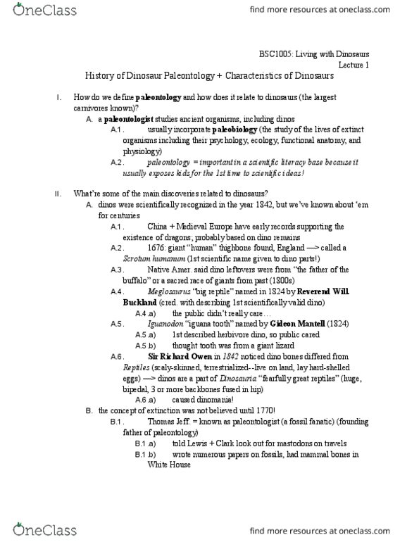 BSC-1005 Lecture Notes - Lecture 1: Deinonychus, Robert T. Bakker, Dinosaur Renaissance thumbnail