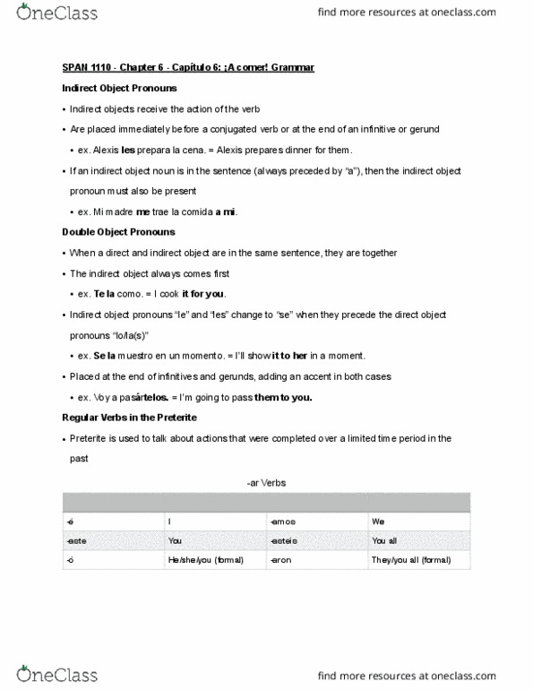 SPAN 1110 Chapter Notes - Chapter 6: Oste, Gerund, Preterite thumbnail