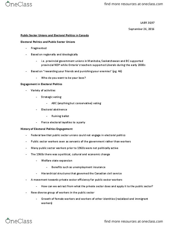 LABR 3Q97 Lecture Notes - Lecture 3: Business Unionism, Ontario Public Service Employees Union, Small Government thumbnail