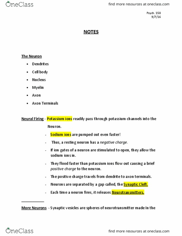 PSY 150 Lecture Notes - Lecture 3: Central Nervous System, Acetylcholine, Peripheral Nervous System thumbnail