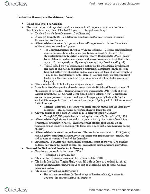 History 1265 Lecture Notes - Lecture 15: Weimar Constitution, Wolfgang Kapp, Philipp Scheidemann thumbnail