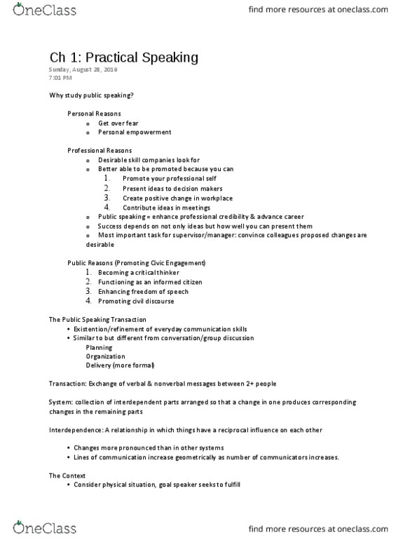 SPC 1608H Chapter 1: Ch 1 Practical Speaking Notes thumbnail