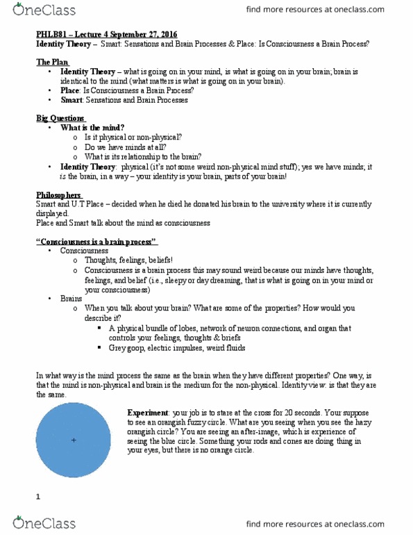 PHLB81H3 Lecture Notes - Lecture 4: Ludwig Wittgenstein, Fallacy, Type Physicalism thumbnail