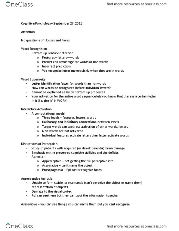 Psychology 2135A/B Lecture Notes - Lecture 5: Short-Term Memory, George Sperling, Agnosia thumbnail