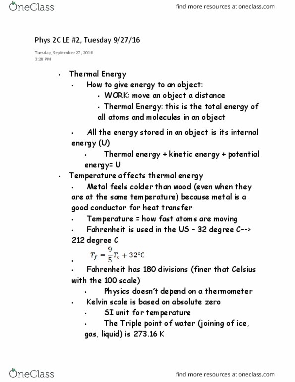 PHYS 2C Lecture Notes - Lecture 2: Latent Heat, Kelvin, Thermal Energy thumbnail