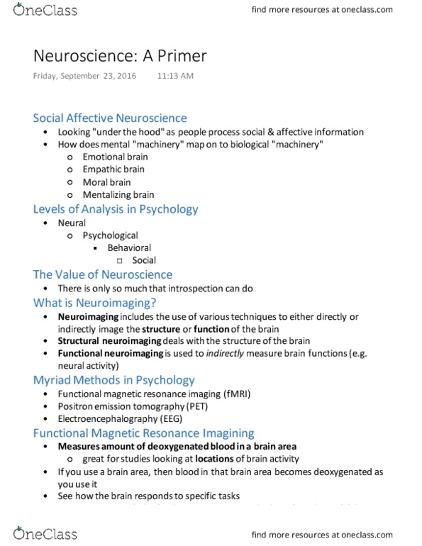 PSYC 101 Lecture Notes - Lecture 11: Triune Brain, Visual Cortex, Positron Emission Tomography thumbnail